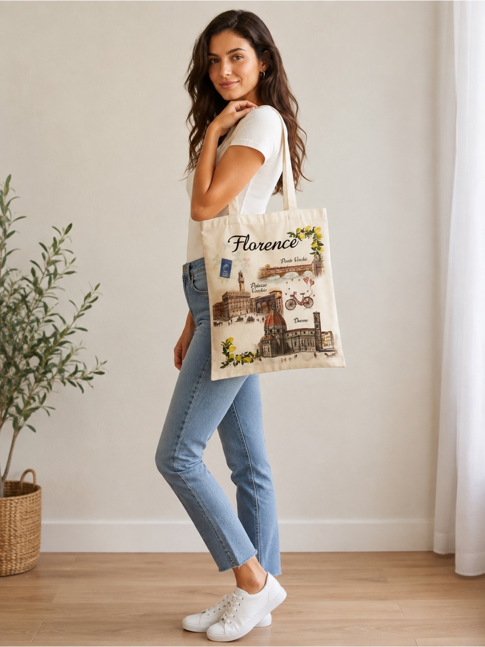 Florence Italy Canvas Tote Bag Ponte Vecchio Duomo Souvenir Shopper